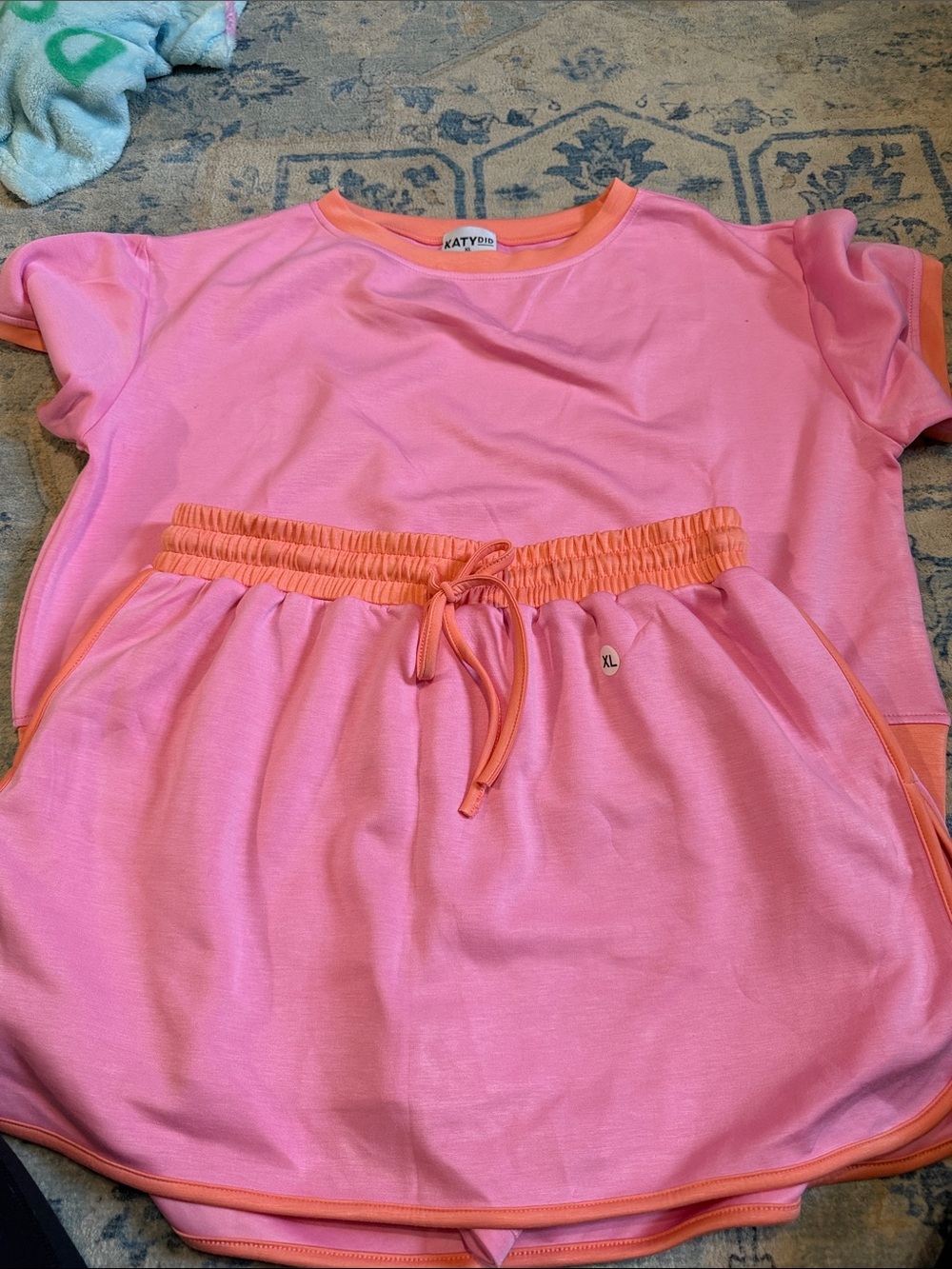 Katydid Pink Short-Sleeve 2pc set with Orange Trim and Drawstring Waist